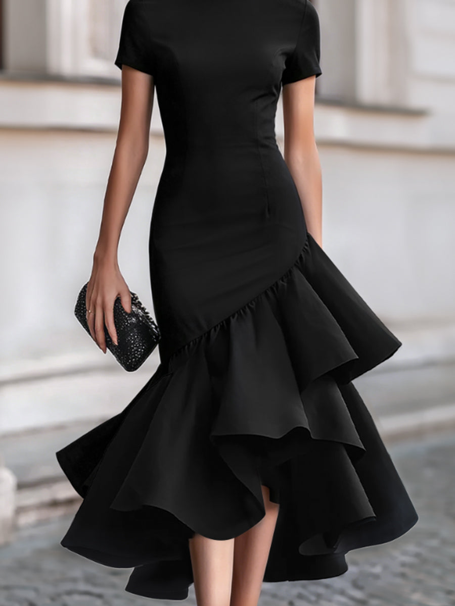 Asymmetrical Ruffle Hem Tailored Midi Dress