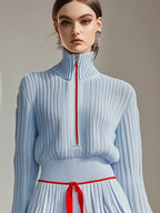 【24-hour shipping out】Casual Fashion Stand Collar Zipper Knitted Sweater Culotte Sports Set