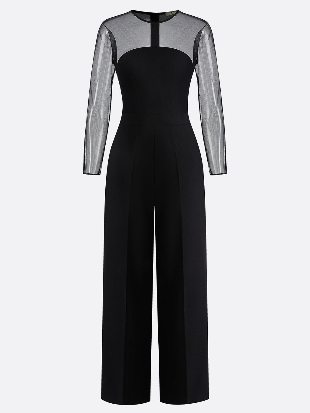Women Black Mesh Crew Neck Long Sleeve Dressy Jumpsuit