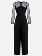 Women Black Mesh Crew Neck Long Sleeve Dressy Jumpsuit