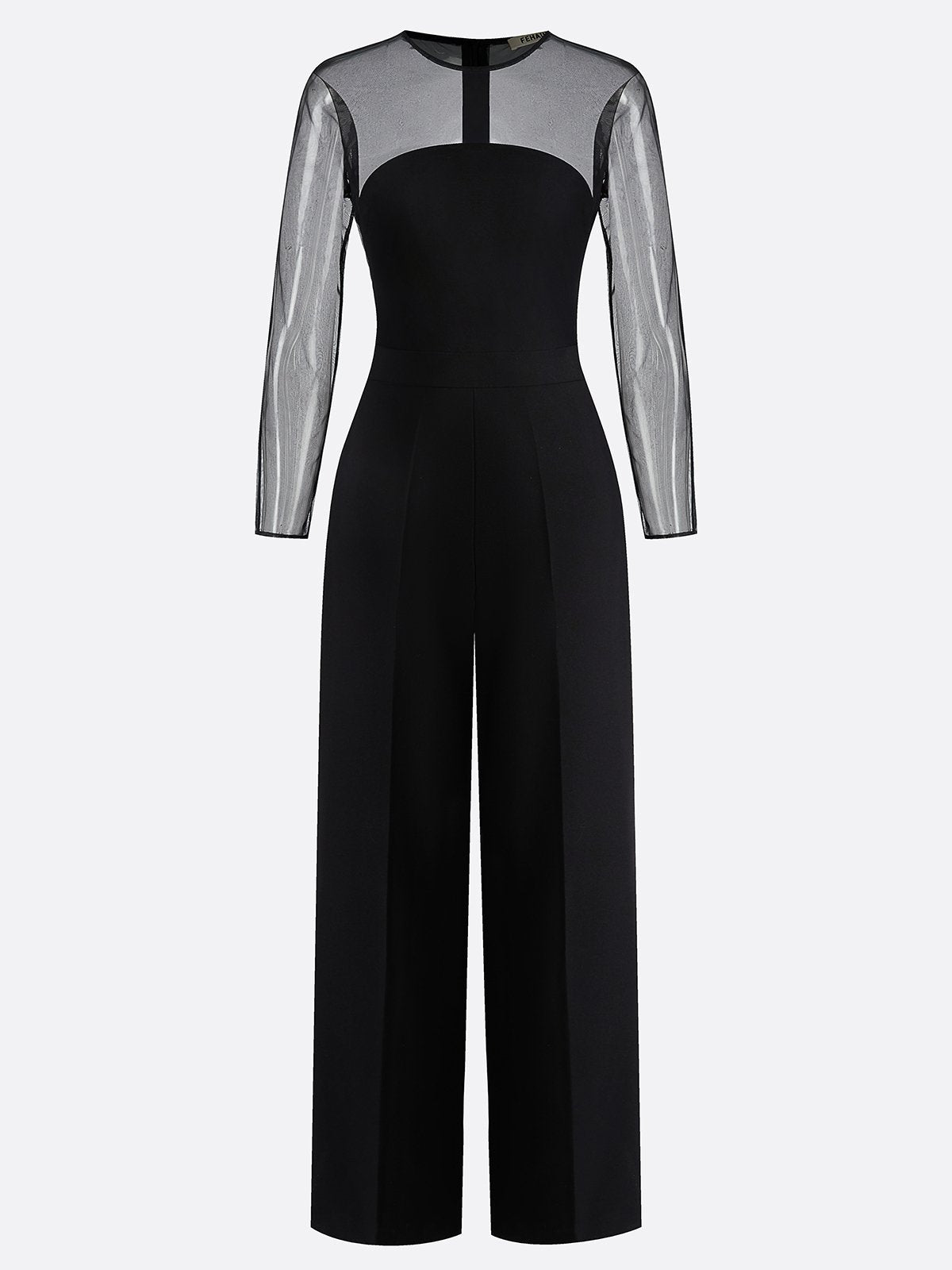Women Black Mesh Crew Neck Long Sleeve Dressy Jumpsuit