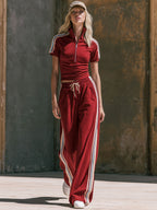 Retro Sporty Color-blocked Red Short-sleeved Top And Trousers Set