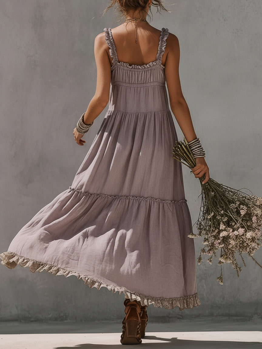 Purple lace-trimmed slit camisole maxi dress