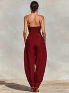 Women's Red Linen Jumpsuit With Spaghetti Straps & High-Waisted Pleated Pants, Timeless Romantic-Elegant Style Jumpsuit MDZ1915C8I