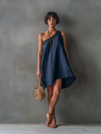 Women's Minimalist Linen-Blend One-Shoulder Sleeveless Mini Dress With Frayed Hem MDZ2597E0Y