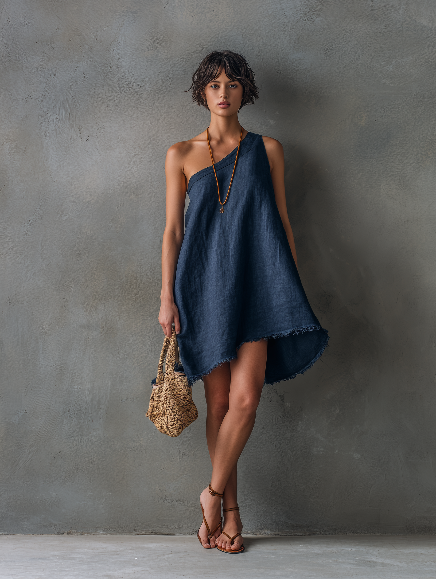 Women's Minimalist Linen-Blend One-Shoulder Sleeveless Mini Dress With Frayed Hem MDZ2597E0Y