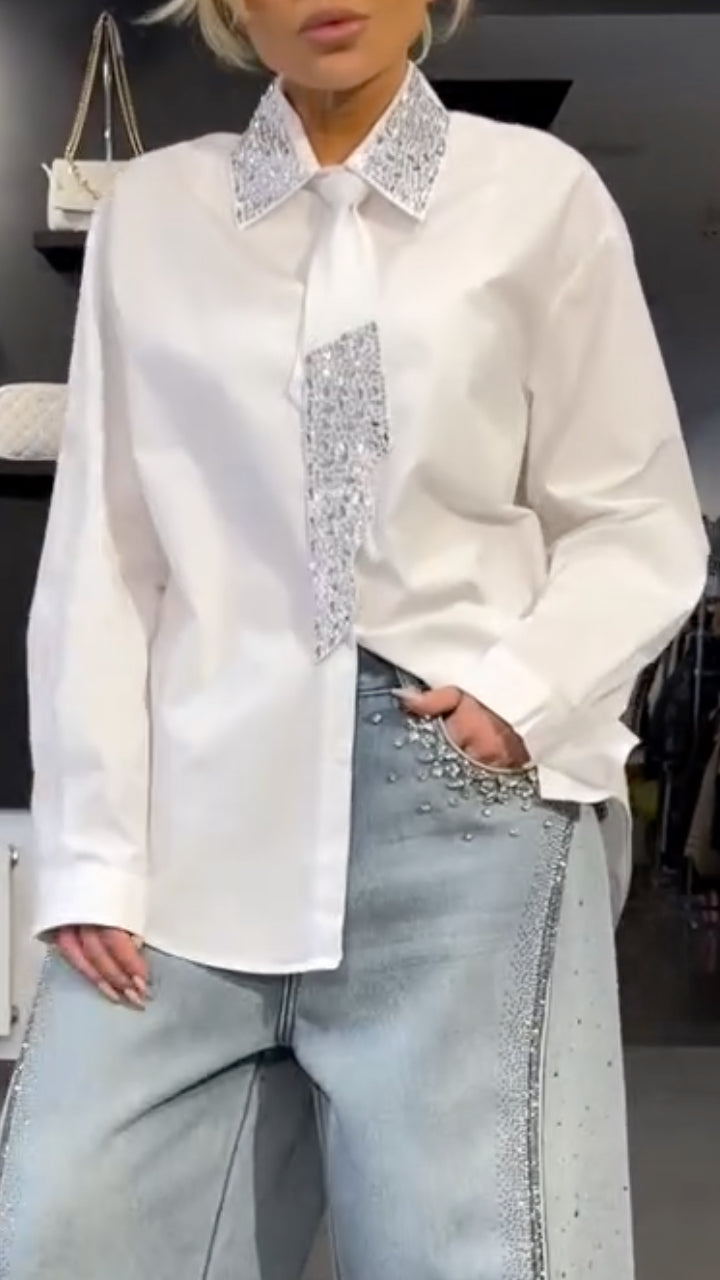White Rhinestone Shirt Rhinestone Wide Leg Jeans Set