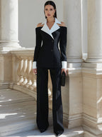 Off-Shoulder Contrast-Collar Tailored Blazer And Straight-Leg Trousers Set