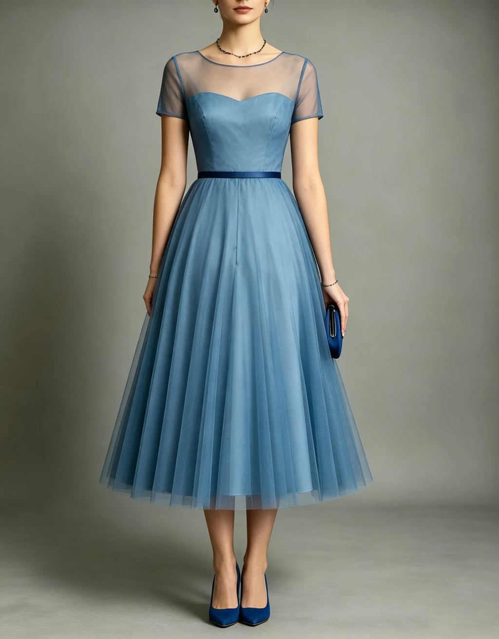 Dusty Blue Sheer Mesh Satin Round Neck Tulle Midi Formal Dress