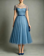 Dusty Blue Sheer Mesh Satin Round Neck Tulle Midi Formal Dress