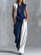 Casual Retro Blue And White Color-blocked Sleeveless Stand-collar Cotton Top And Pants Set