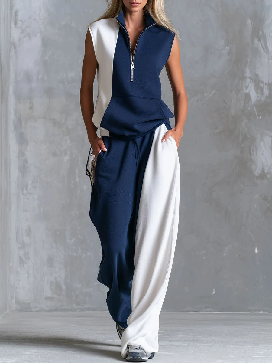 Casual Retro Blue And White Color-blocked Sleeveless Stand-collar Cotton Top And Pants Set