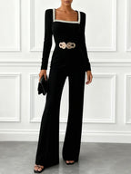 Women Black Rhinestone Square Neck Long Sleeve Dressy Jumpsuit