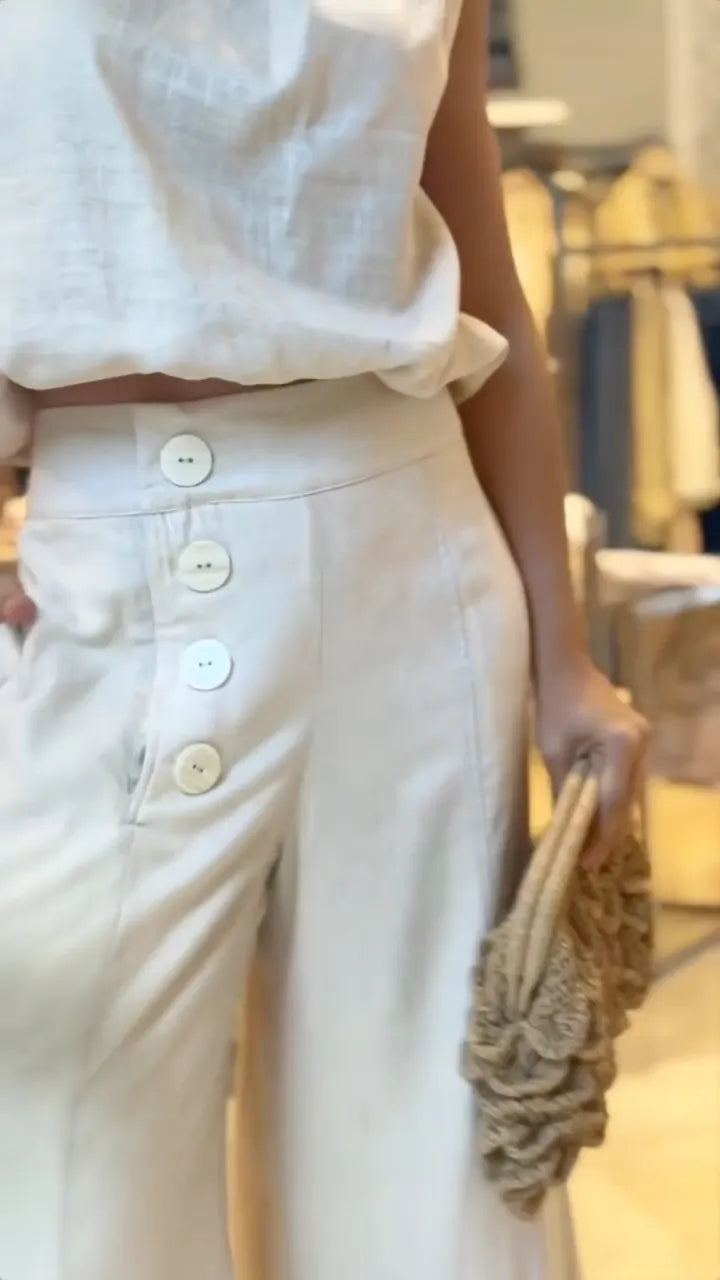 Cream Satin Halter 2 Piece Wide Leg Pant Set