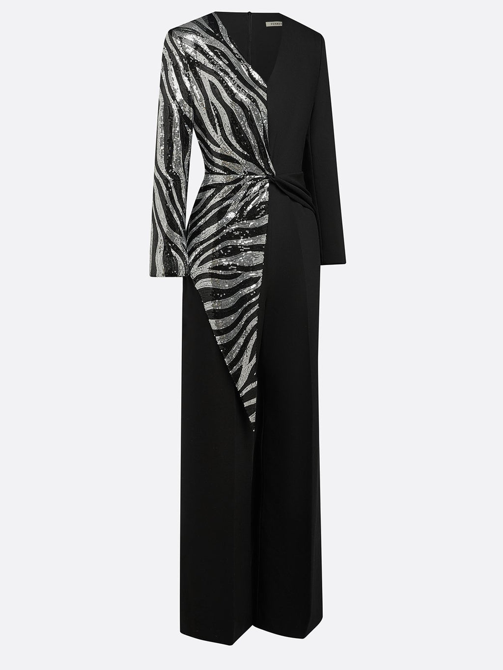 Women Black Sequin V Neck Long Sleeve Dressy Jumpsuit
