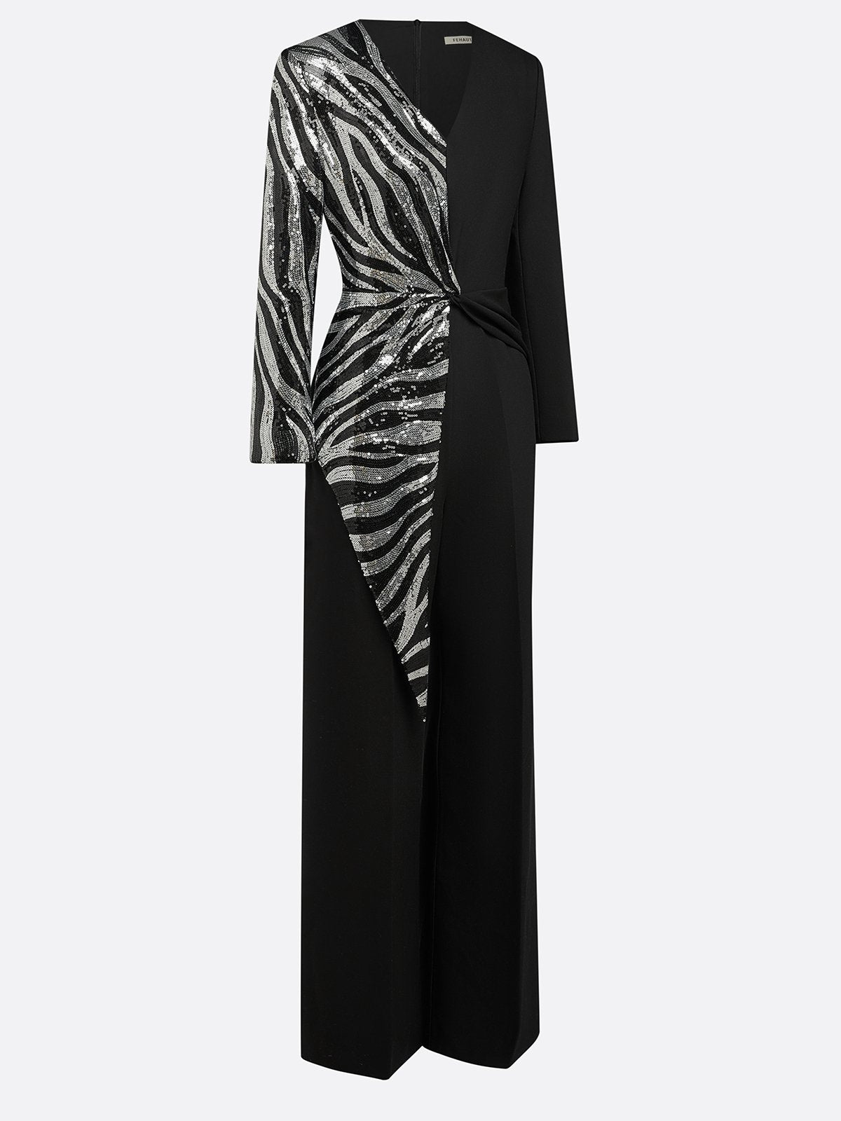 Women Black Sequin V Neck Long Sleeve Dressy Jumpsuit