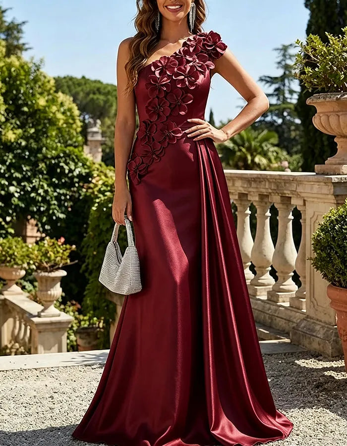 One Shoulder 3D Floral Side Draped Split Satin Maxi Dress