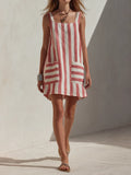 Women's Red & White Striped Linen-Blend Mini Dress With Square Neck And Patch Pockets MDZ1061F5ZRK