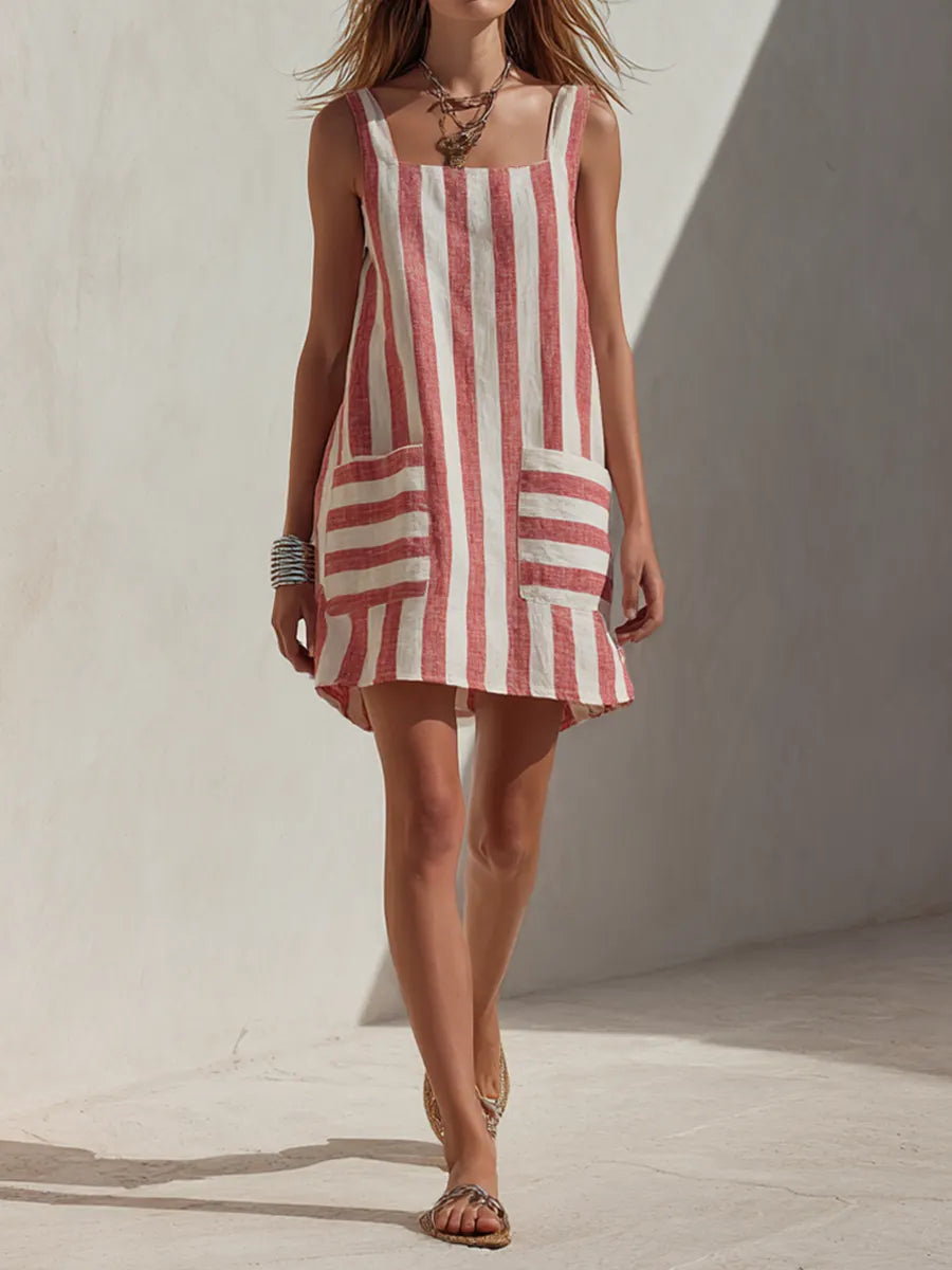 Women's Red & White Striped Linen-Blend Mini Dress With Square Neck And Patch Pockets MDZ1061F5ZRK