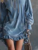 Fashionable Western Hooded Front Zipper Ruffled Hem Light Blue Washed Denim Hoodie Style Mini Dress
