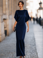 Relaxed Batwing Sleeve Fluid Column Maxi Dress