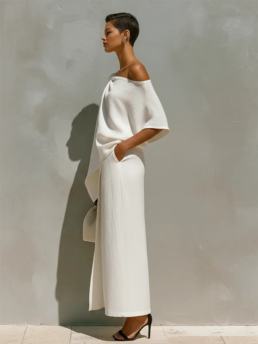 Women's White Linen Set With One-Shoulder Knot Detail & Front Slit, Timeless Minimalist-Resort Style Set MDZ2796C6I