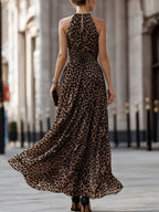 Sleeveless Leopard Print Flowing Maxi Dress