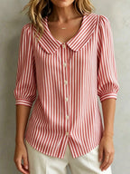 Retro Peter Pan Collar Striped Cotton-linen Shirt