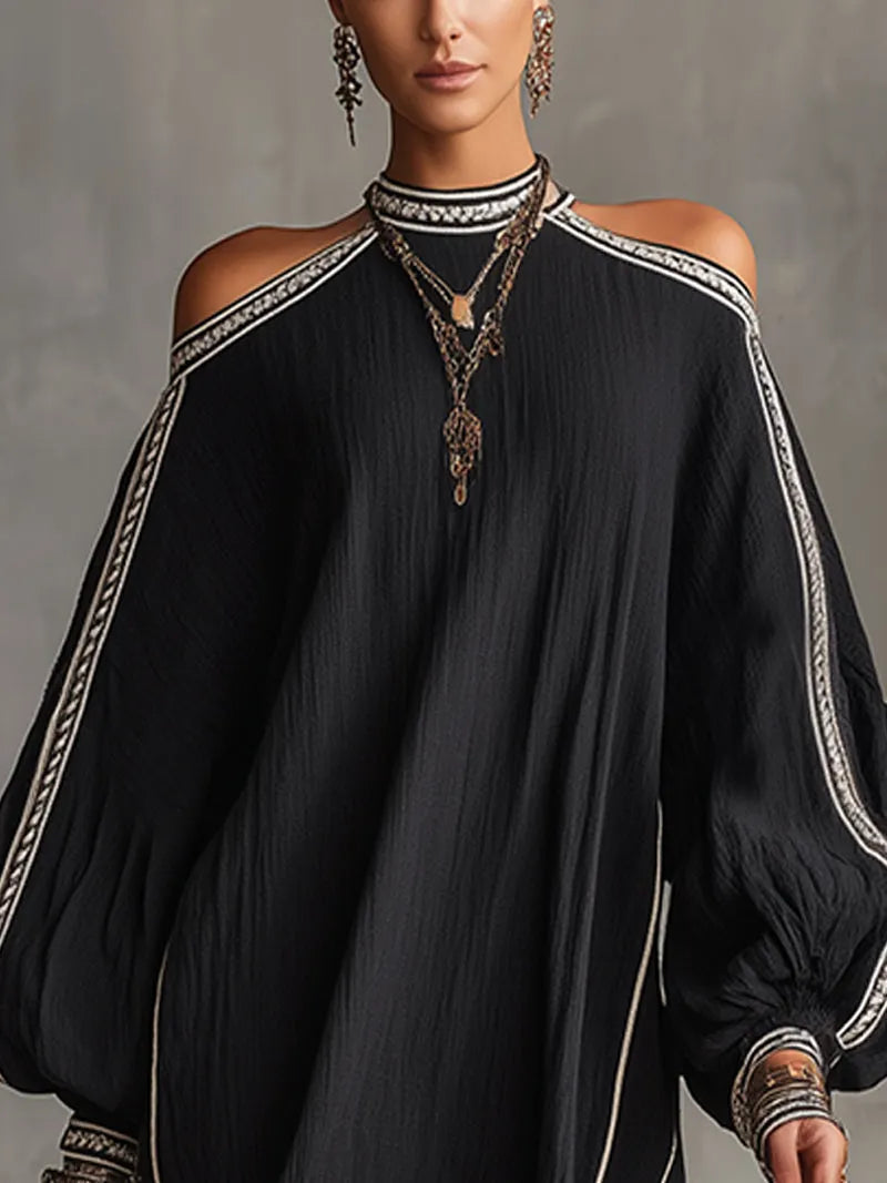 Boho Embroidered Trim Lantern Sleeve Dress