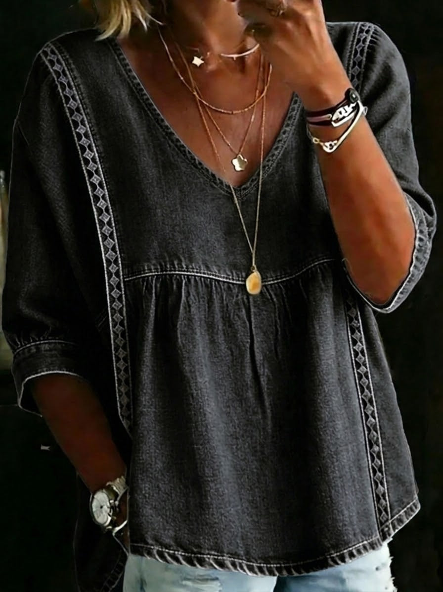 Casual Patchwork Lace Denim Top