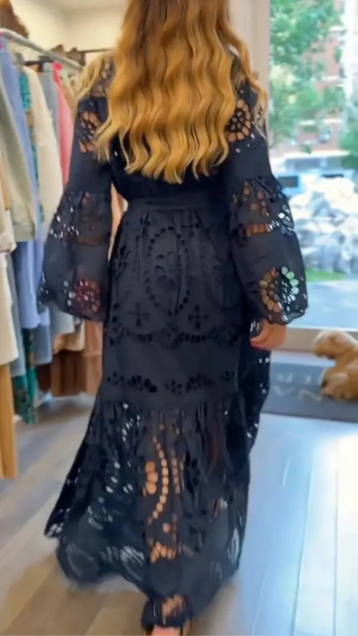 Eyelet Embroidery Belted Shirt Maxi Dress
