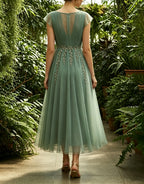 Sage Green Round Neck Beaded Leaf Tulle Midi Dress