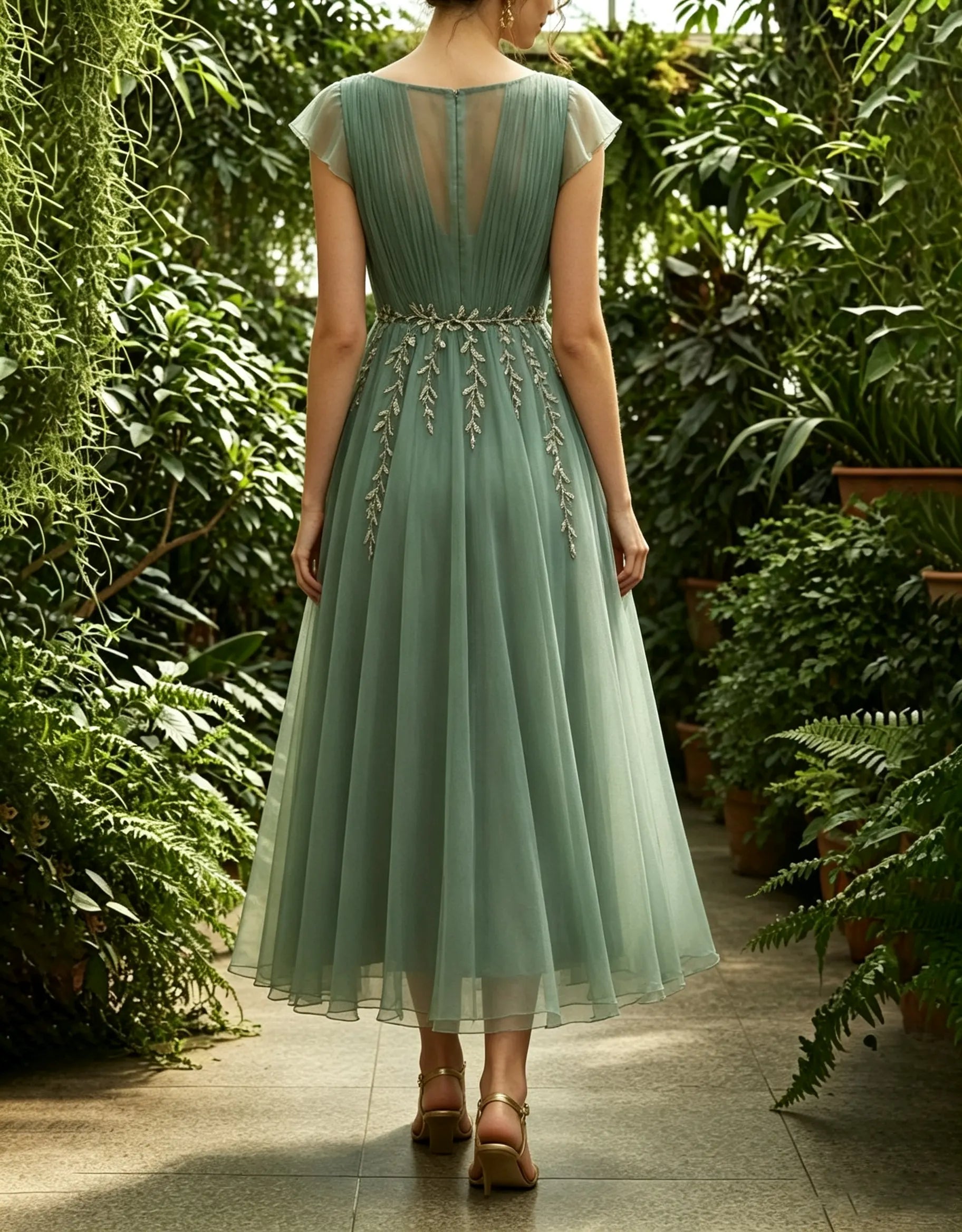 Sage Green Round Neck Beaded Leaf Tulle Midi Dress