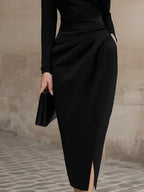 Sleek Black Turtleneck Draped Midi Dress