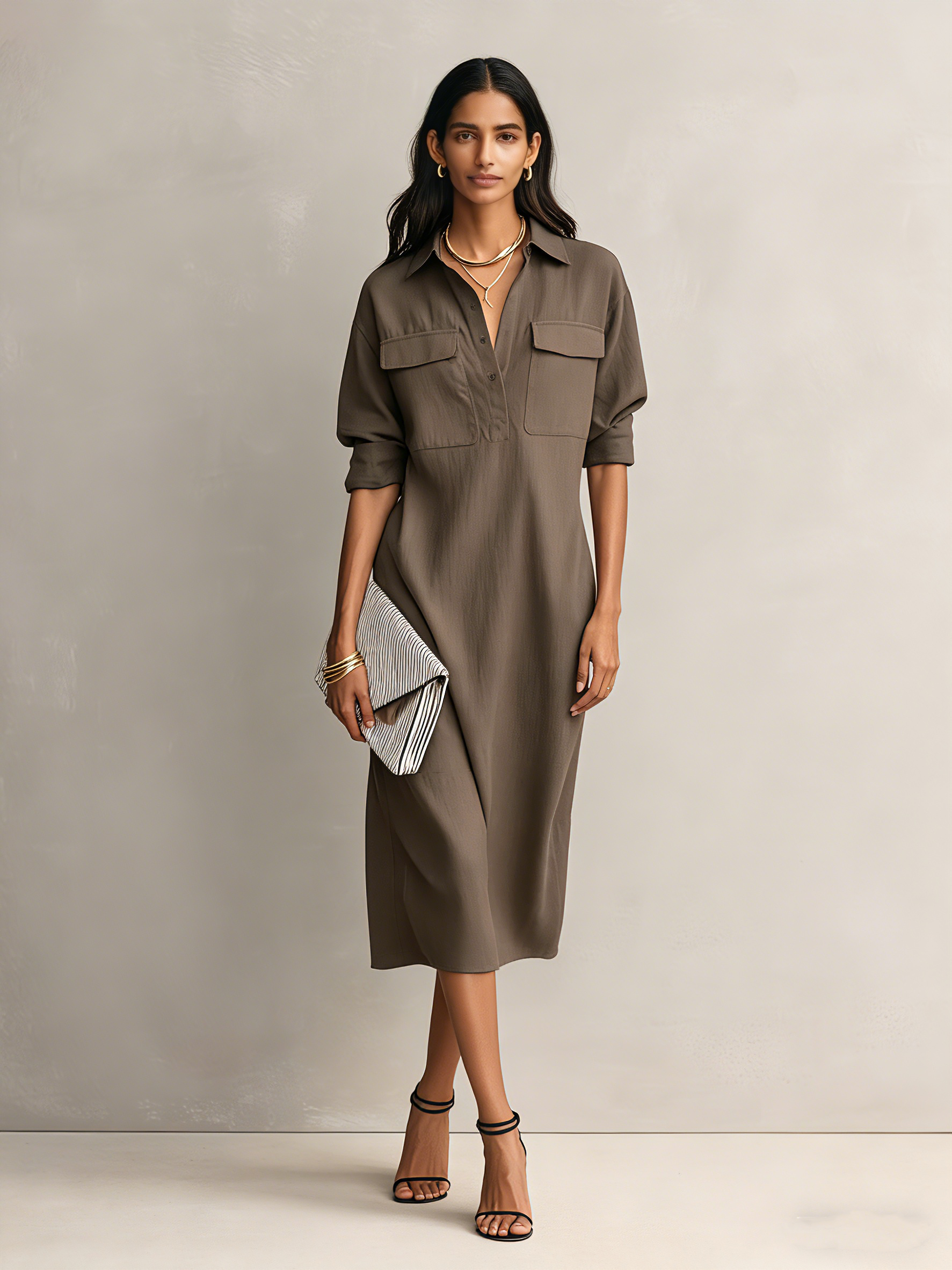 Women's Elegant Black Cotton-linen Blend Shirt Collar Short-sleeved Midi Dress MDZ0455C2AN