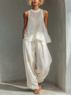 Women's Cream Two-Piece Set With Semi-sheer Chiffon Sleeveless Top & Cotton And Linen Blend Drawstring Wide-Leg Trousers MDZ1039C4T