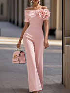 Women Pink 3D Floral Off The Shoulder Short Sleeve Dressy Jumpsuit