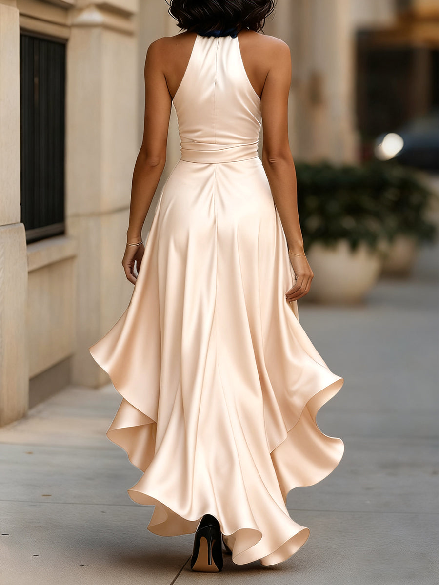 Midnight Elegance Satin Halter Ruffle Gown