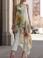 Sheer Floral Asymmetric Overlay Top & Tailored Pants Set