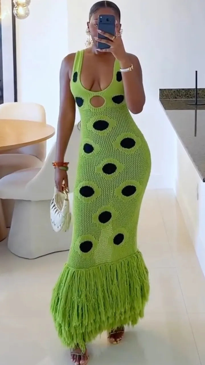Neon Green Hollow Out Knit Fringe Mermaid Maxi Dress