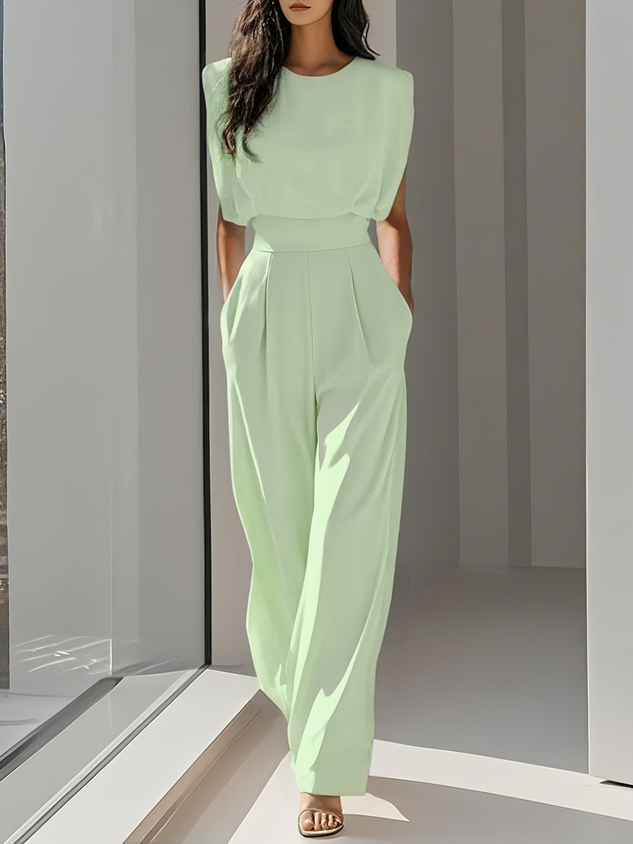 Women Off White Crew Neck Sleeveless Dressy Jumpsuit With Pockets