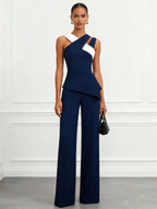 Women Navy Blue Cross Pocket Stitching Halter Neck Sleeveless Dressy Jumpsuit
