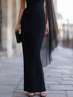Black One-Shoulder Sheer Cape Sleeve Mermaid Maxi Evening Dress
