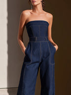 Dark Denim Strapless Wide-Leg Jumpsuit
