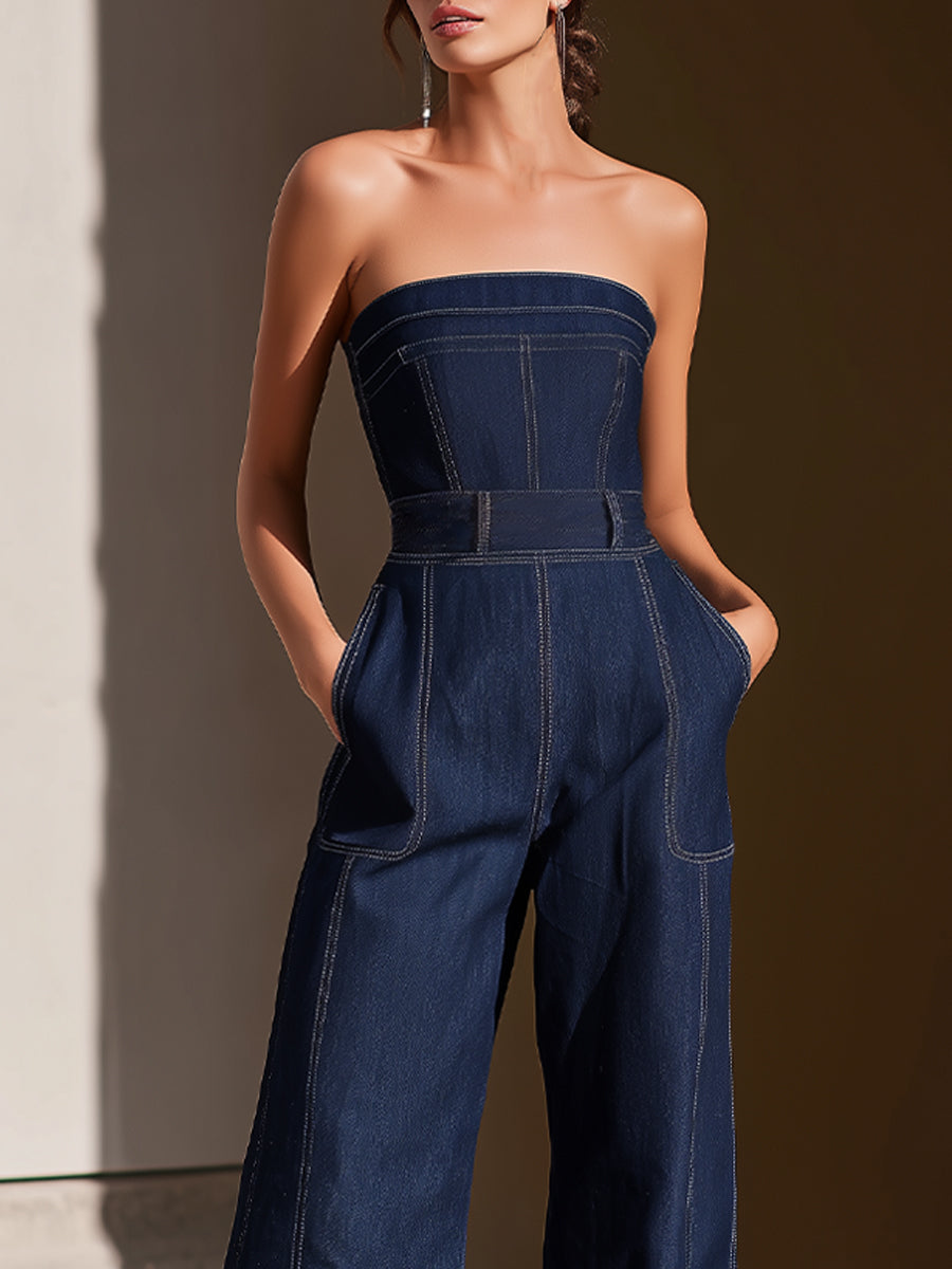 Dark Denim Strapless Wide-Leg Jumpsuit