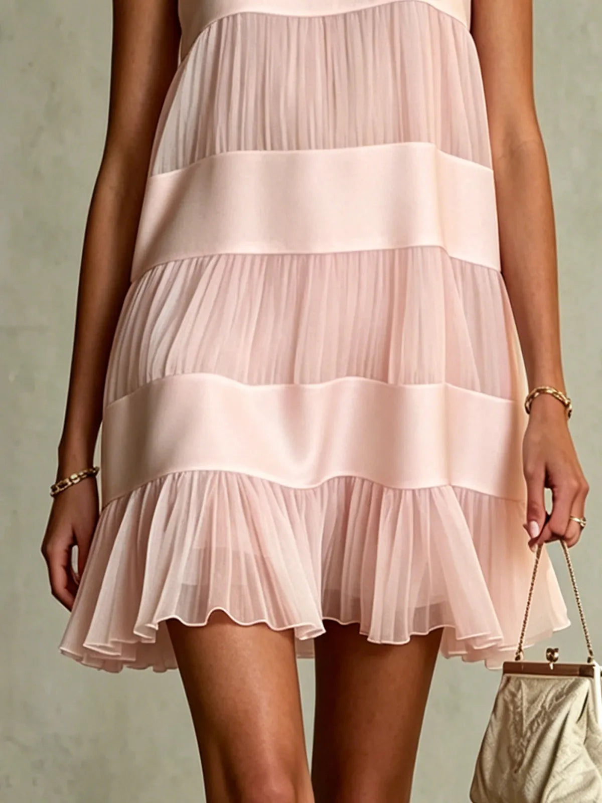 Light Pink Layered Pleated Chiffon Satin Patchwork Mini Dress
