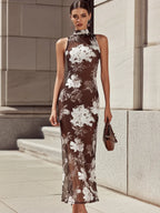 Elegant Brown White Ink Floral Print Mesh Sleeveless Maxi Dress