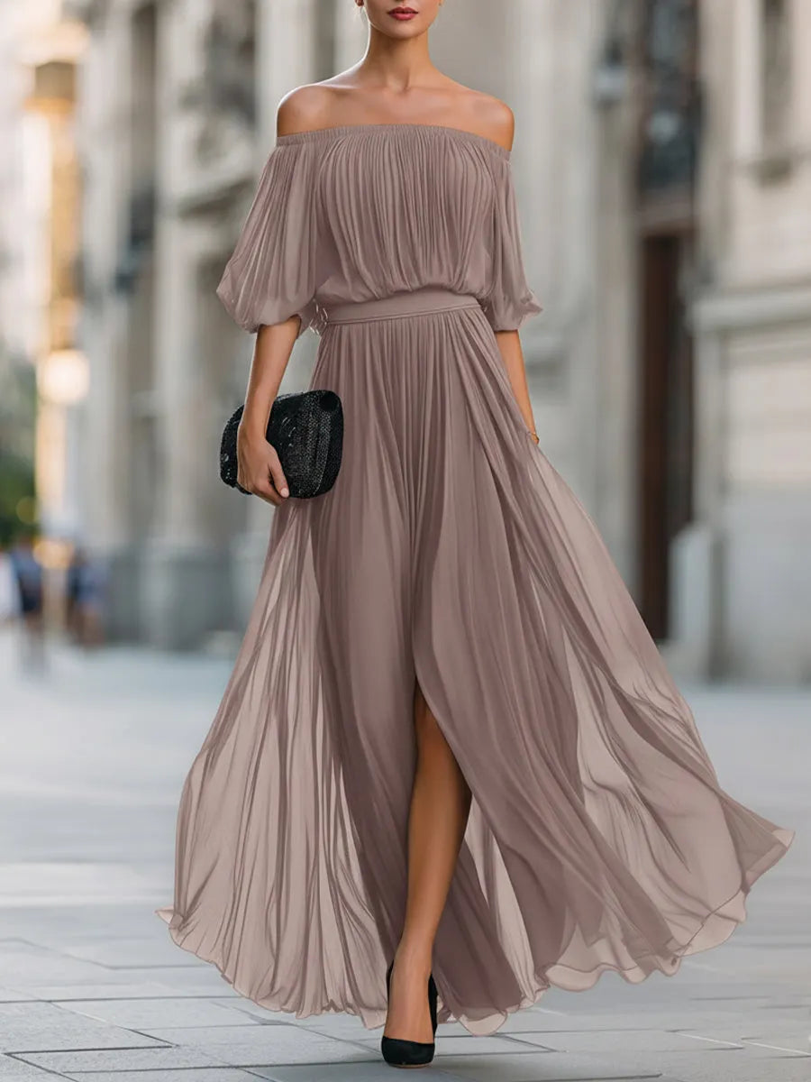 Off-Shoulder Pleated Chiffon Maxi Dress