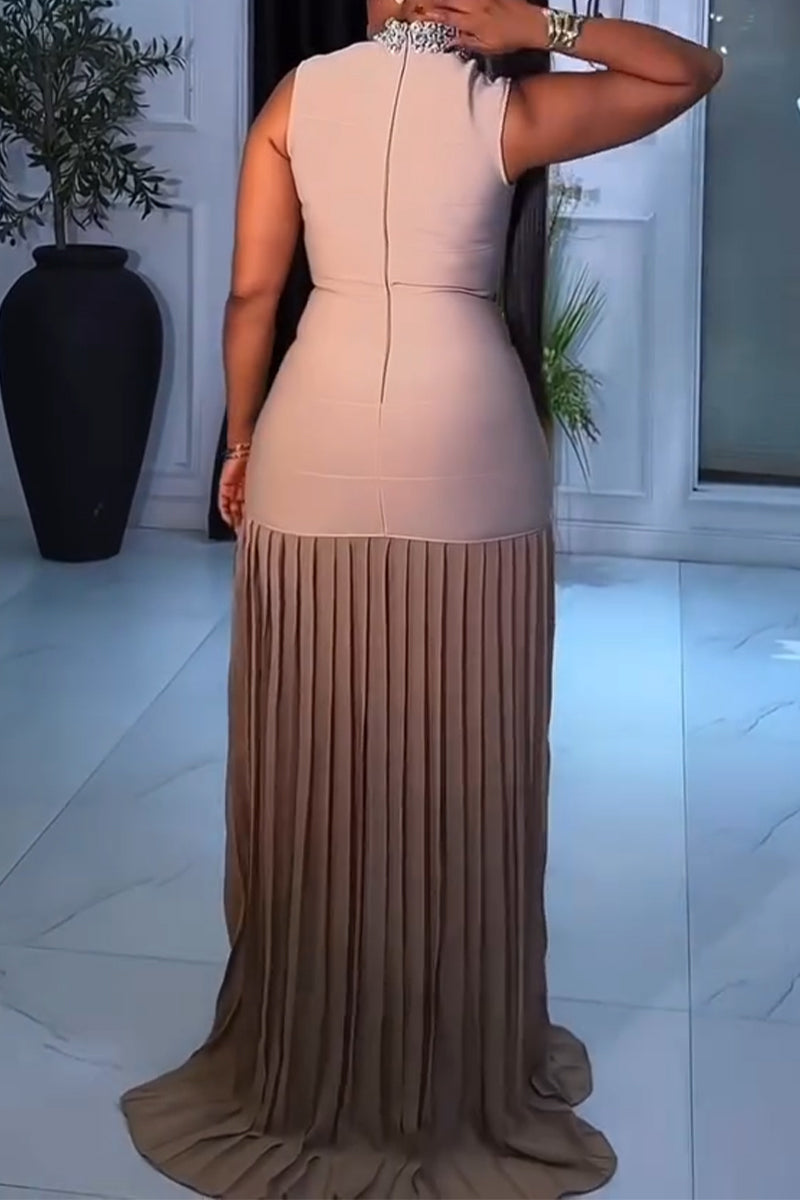 Women Round Neck Diamond Patchwork Pleated Elegant Temperament Floor Length Maxi Dresses