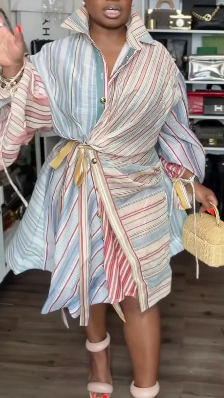 Multicolor Striped Wrap Shirt Mini Dress